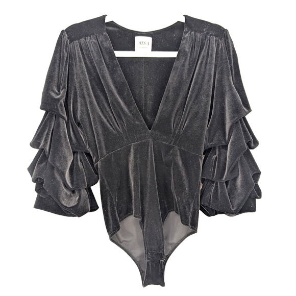 Misa Linde Black Velvet Ruffle Sleeve V Neck Bodysuit Fairy Renaissance Glam SM - Picture 3 of 14